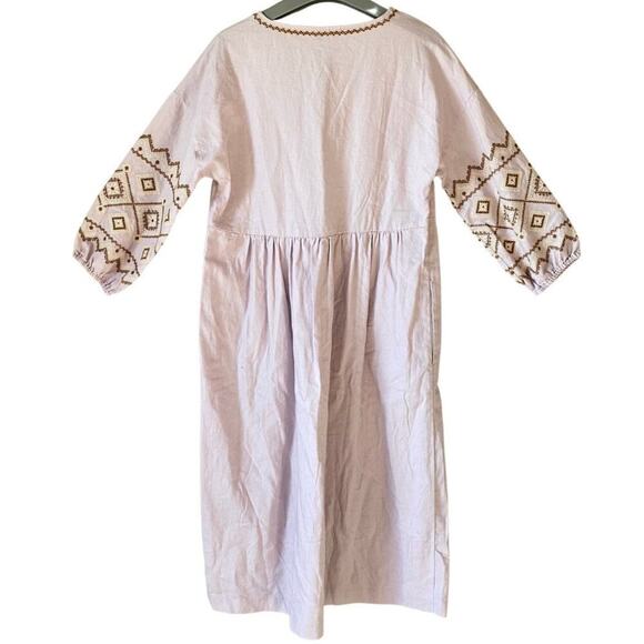 MADEWELL Embroidered Dress Popover Lagenlook Oversize Cotton Linen Pink Midi XXS - Picture 4 of 8